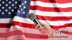  Presentation with usa flag - Audience pleasing theme consisting of presidents report - female hand with microphone backdrop and a red colored foreground