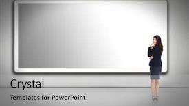  Presentation with blank - PPT theme featuring presntation background - business woman standing near blank background and a light gray colored foreground
