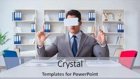  Presentation with office room - Presentation theme featuring press briefing room - businessman with virtual reality glasses background and a light blue colored foreground