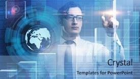  Presentation with process diagram - Colorful slides enhanced with press line - businessman pressing virtual button backdrop and a light blue colored foreground