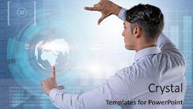  Presentation with virtual team global - Cool new theme with press line - businessman pressing virtual button backdrop and a light blue colored foreground