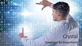  Presentation with workflow diagram - Slides with press line - businessman pressing virtual button background and a light blue colored foreground