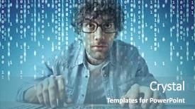  Presentation with science guy - Colorful slide set enhanced with press line - nerd guy using a pc backdrop and a teal colored foreground