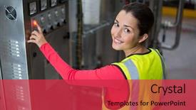  Presentation with factory machine - Beautiful presentation theme featuring press line - portrait of female factory worker backdrop and a  colored foreground