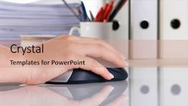  Presentation with computer - Presentation design consisting of press line company - female hand on a computer background and a  colored foreground