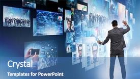  Presentation with collage - Presentation having press meet - collage of photos with businessman background and a teal colored foreground