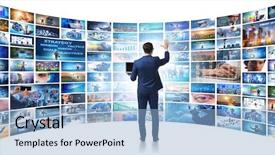  Presentation with photo collage for company behind the scen - PPT theme featuring press meet - collage of photos with businessman background and a light blue colored foreground