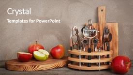  Presentation with kitchen utensils - Amazing slide set having press tool - stand with kitchen utensils backdrop and a gray colored foreground