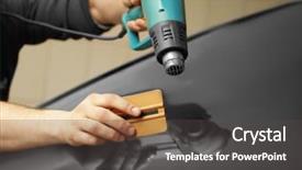  Presentation with insulation worker harassment workplace - Slide set with press tool - worker applying tinting foil onto background and a dark gray colored foreground