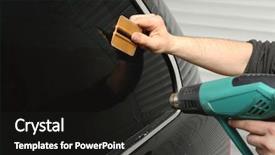  Presentation with worker - Beautiful slide deck featuring press tool - worker applying tinting foil onto backdrop and a black colored foreground