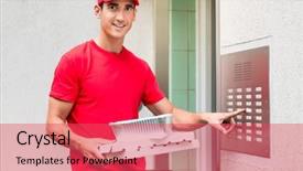  Presentation with pizza delivery - Slide set with press wall - pizza delivery man in red background and a red colored foreground