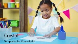  Presentation with desk - Slide deck consisting of pressed down - happy girl making arts background and a light blue colored foreground