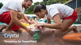  Presentation with helping man - Colorful PPT theme enhanced with pressed down - male and female rescue workers backdrop and a violet colored foreground