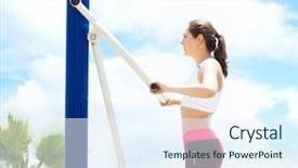  Presentation with hunting conceptual outdoor sports - Colorful presentation enhanced with pressed down - sporty and beautiful girl doing backdrop and a sky blue colored foreground