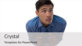  Presentation with war video game - Cool new PPT theme with pressed down - young businessman playing video game backdrop and a  colored foreground