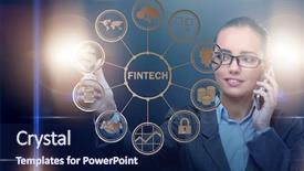  Presentation with fintech - PPT theme with businesswoman pressing buttons in fintech concept background and a navy blue colored foreground