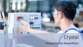  Presentation with cnc machine - Colorful presentation design enhanced with pressing buttons on cnc machine backdrop and a light blue colored foreground