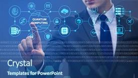  Presentation with quantum computing - PPT theme enhanced with pressing virtual button in quantum background and a ocean colored foreground