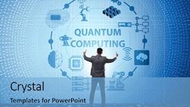  Presentation with quantum computing - Slide deck featuring pressing virtual button in quantum background and a light blue colored foreground