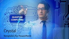  Presentation with quantum computing - PPT layouts having pressing virtual button in quantum background and a light blue colored foreground