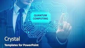  Presentation with quantum computing - PPT theme featuring pressing virtual button in quantum background and a ocean colored foreground