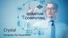  Presentation with quantum computing - Audience pleasing PPT theme consisting of pressing virtual button in quantum backdrop and a light blue colored foreground