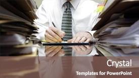  Presentation with piles - Slide deck enhanced with pressure - businessman sitting at desk background and a violet colored foreground