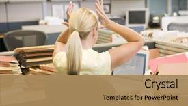  Presentation with files - Colorful slides enhanced with pressure - businesswoman in cubicle with laptop backdrop and a coral colored foreground