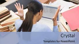  Presentation with files - Amazing slides having pressure - businesswoman in cubicle with laptop backdrop and a  colored foreground