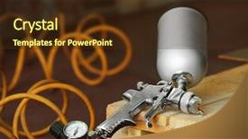  Presentation with spray - Presentation having pressure sprayer - spray gun on wooden stand background and a tawny brown colored foreground
