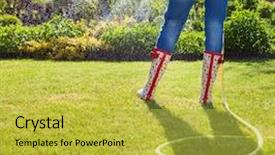  Presentation with holding bucket while water droplet - Slide set having pressure sprayer - woman holding garden water hose background and a yellow colored foreground