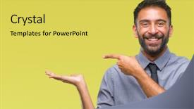  Presentation with finger - Audience pleasing slide deck consisting of pret porte - adult hispanic business man backdrop and a yellow colored foreground