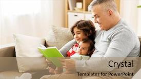  Presentation with family reading - PPT theme with family fatherhood and people concept - happy father with preteen and baby son reading book at home background and a coral colored foreground