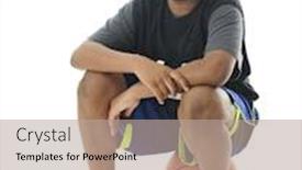  Presentation with basketball players - Presentation design featuring preteen boy sitting on his basketball while looking for other players to show up on a white background background and a coral colored foreground