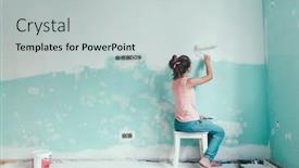  Presentation with home renovation - Audience pleasing presentation theme consisting of preteen child painting the wall in her room in blue and white colors young girl making interior renovation at home backdrop and a light gray colored foreground
