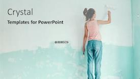  Presentation with home renovation - Presentation featuring preteen child painting the wall in her room in blue and white colors young girl making interior renovation at home background and a soft green colored foreground