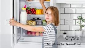  Presentation with refrigerator - Presentation theme with preteen-girl-opens-refrigerator background and a light gray colored foreground