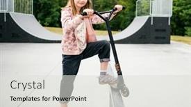  Presentation with eco park - Presentation theme featuring preteen-girl-standing-with-scooter background and a light gray colored foreground