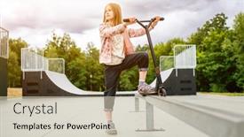  Presentation with eco park - Theme featuring preteen-girl-standing-with-scooter background and a soft green colored foreground