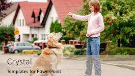  Presentation with teach kid - Presentation design featuring preteen-girl-training-golden-retriever background and a soft green colored foreground