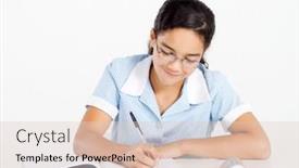  Presentation with homework - Presentation theme with preteen-school-girl-working background and a lemonade colored foreground