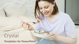  Presentation with salad - PPT theme having pretty-adult-oversized-woman-sitting background and a  colored foreground