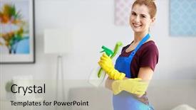  Presentation with home cleaning service - Presentation design featuring pretty adult woman with cleaning background and a  colored foreground