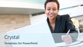  Presentation with african american business - Audience pleasing presentation consisting of pretty african american business woman on computer backdrop and a sky blue colored foreground