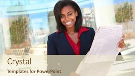 Presentation with office newspaper - Cool new PPT layouts with pretty african american business woman backdrop and a cream colored foreground