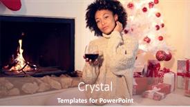  Presentation with haircut - Colorful slide deck enhanced with pretty african american woman with huge afro haircut holds glass with red wine she sitting next to fireplace and white christmas tree she wearing winter woolen beige sweater backdrop and a coral colored foreground