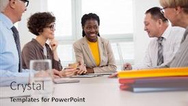  Presentation with new office - Slide set featuring pretty-africanamerican-businesswoman-explains background and a coral colored foreground