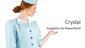  Presentation with air - Colorful slide deck enhanced with pretty air hostess presenting with hand on white background backdrop and a white colored foreground