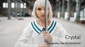  Presentation with pretty girl - Slide deck having pretty anime girl with sword background and a light gray colored foreground