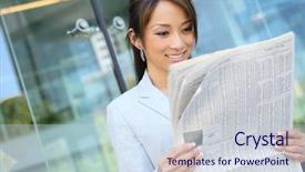  Presentation with office newspaper - PPT theme consisting of pretty asian business woman reading background and a sky blue colored foreground